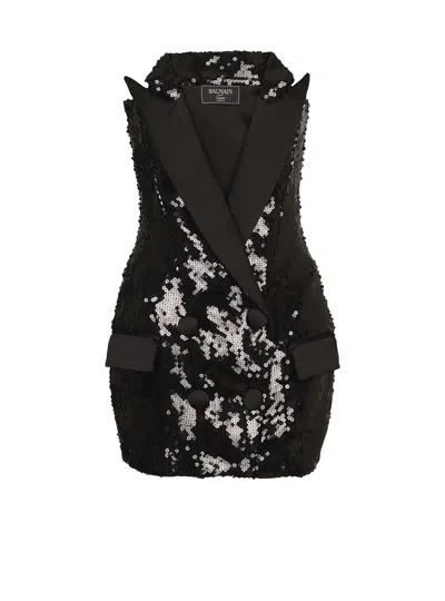 Balmain Db Col Sequins Tailored Bustier Dress In Black
