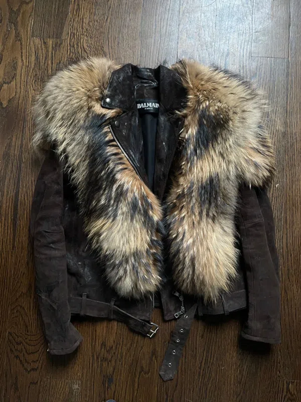 Pre-owned Balmain Decarnin Aw10 Finn Raccoon Goat Skin Jacket