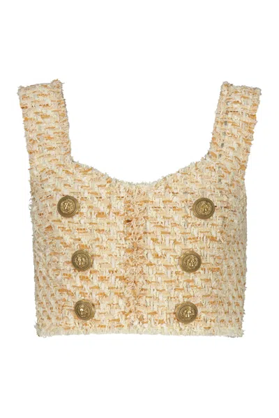 Balmain Button-embellished Tweed Cropped Top In Beige