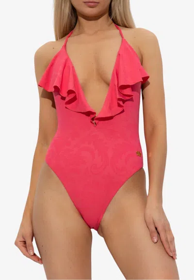 Balmain Deep V-neck Ruffled One-piece Swimsuit In Pink