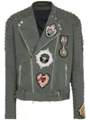 Balmain Denim Biker Jacket With Embroidered Patches In Cw Kakhi