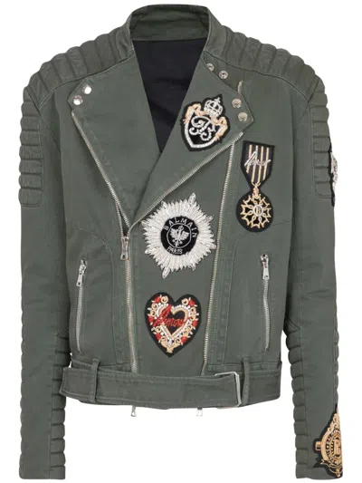 Balmain Denim Biker Jacket With Embroidered Patches In Brown