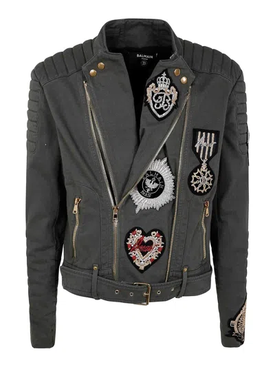 Balmain Denim Biker Jacket With Embroidered Patches In Brown