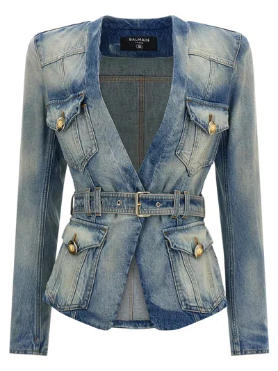 Balmain Stonewashed Cotton Denim Blazer In Blue