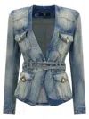 Balmain 1-button Belted Denim Jacket In Blue