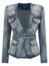 Balmain 1-button Belted Denim Jacket In Blue