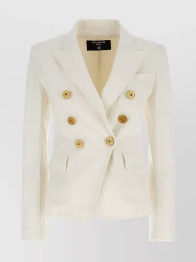 Balmain Double-breasted Structured Denim Blazer With Peak Lapel In White