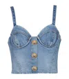 Balmain Button-embellished Denim Bustier Top In Blue