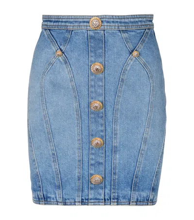 Balmain Buttoned Mini Denim Skirt In Blue