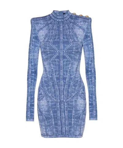 BALMAIN SHORT JACQUARD KNIT DRESS WITH DENIM EFFECT