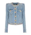 Balmain Faux Pearl-embellished Frayed Denim Jacket In Blue