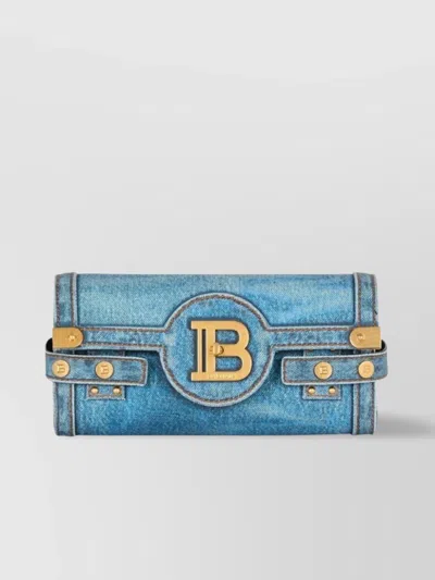 Balmain Denim Foldover Clutch Chain Strap In Black