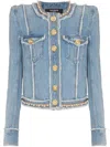 Balmain Faux Pearl-embellished Frayed Denim Jacket In Blue
