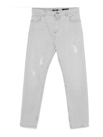 Balmain Washed Denim Straight Cut Jeans In Gray