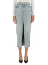 Balmain Midi Denim Skirt With Slit In Denim