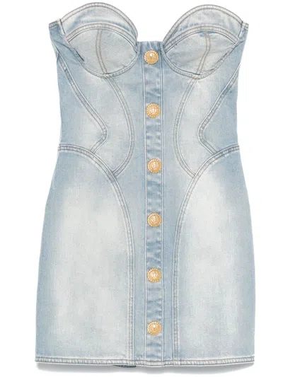 Balmain Strapless Mini Denim Dress In Bleujeanclair