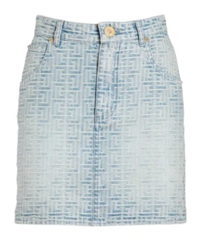 Balmain Denim Monogram Print Mini Skirt In Blue