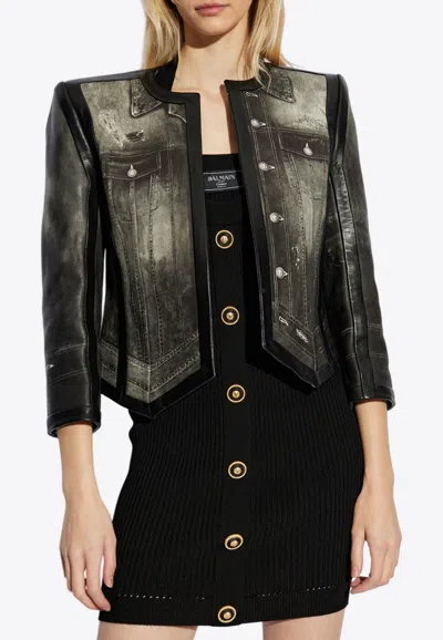 Balmain Denim Print Leather Jacket In Black