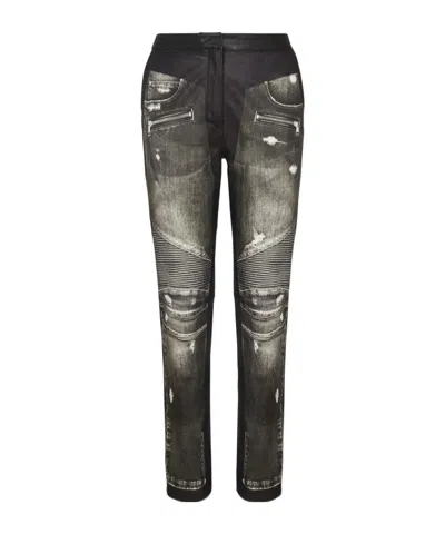 Balmain Denim Print Leather Pants In Black