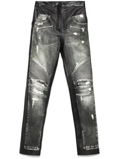 Balmain Denim-print Leather Trousers In Black
