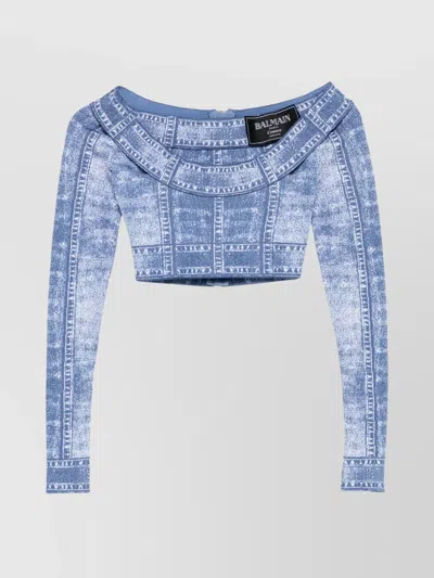 Balmain Denim Print Off-shoulder Cropped Top In 6ff Bleu Jean