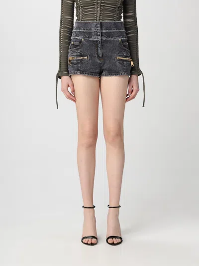 Balmain Denim High Waist Shorts With Front Zip Pockets In Gray