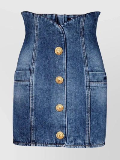 BALMAIN DENIM SKIRT WITH CONTRAST STITCHING AND GOLD BUTTONS