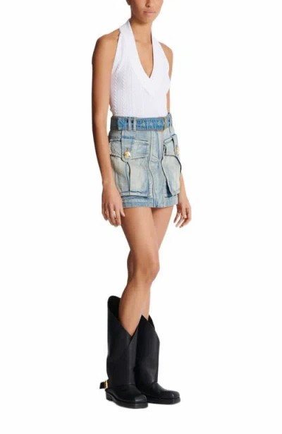 Balmain Denim Skirt With Pockets In Blue
