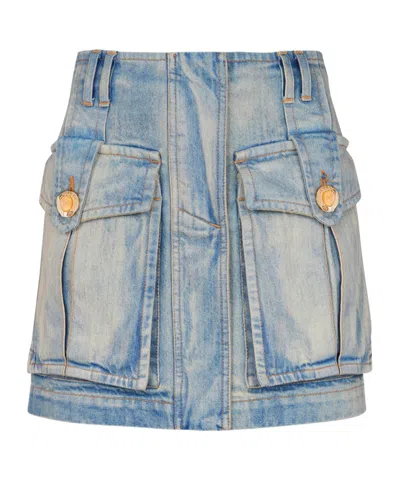 Balmain Denim Skirt With Pockets In Blue