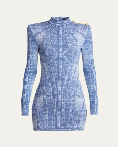 BALMAIN DENIM TROMPE LOEIL BUTTONED SHOULDER MINI DRESS