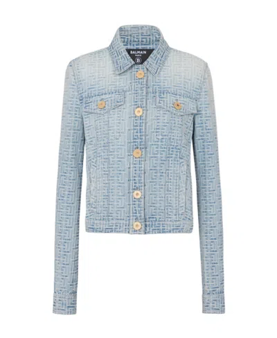 Balmain Blue Monogram Denim Jacket In Blue Jean