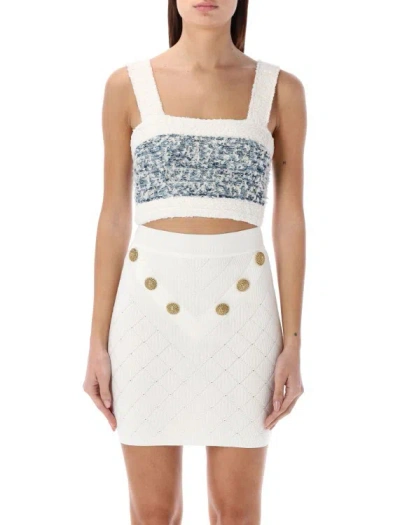 Balmain Denim Tweed Strappy Top In White