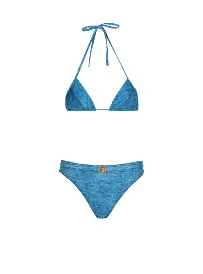 Balmain Denim Two-piece Swimsuit In Blue
