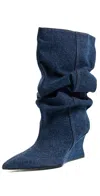 Balmain Scrunched Denim Wedge Ankle Boots In Blue