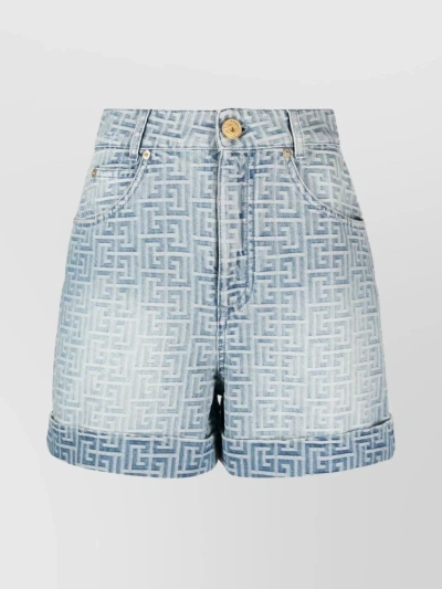 Balmain Denim Wide Leg Shorts With All-over Pattern In Blue
