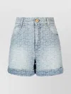 Balmain Denim Wide Leg Shorts With All-over Pattern In Blue