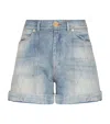 Balmain Rolled Hem Denim Shorts With Diamond Stitched Pattern