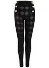 Balmain Embossed-button Open-knit Leggings In Black