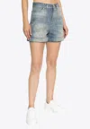 Balmain Rolled Hem Denim Shorts With Diamond Stitched Pattern In Blue