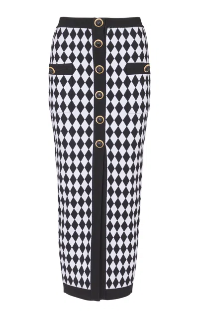 Balmain Diamond-jacquard Knit Midi Skirt In Black,white