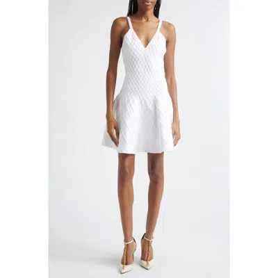 Balmain Quilted Compact Viscose Knit Flare Dress In White