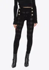 Balmain Embossed-button Open-knit Leggings In Black