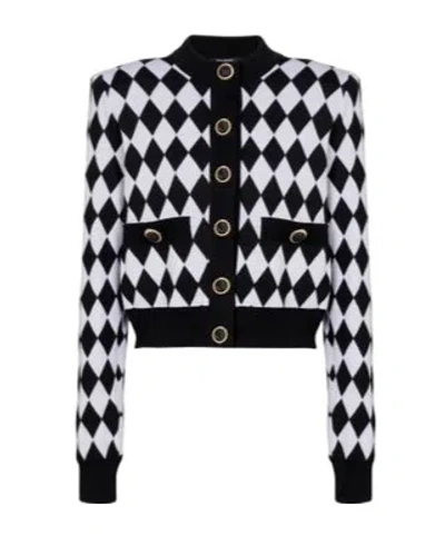 Balmain Virgin Wool Diamond Intarsia Cardigan In Multi