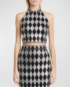 Balmain Diamond Print Crystal Embellished Top In Black Crystal