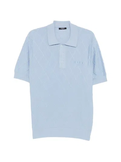Balmain Diamond-knit Logo-embroidered Polo Shirt In Blue