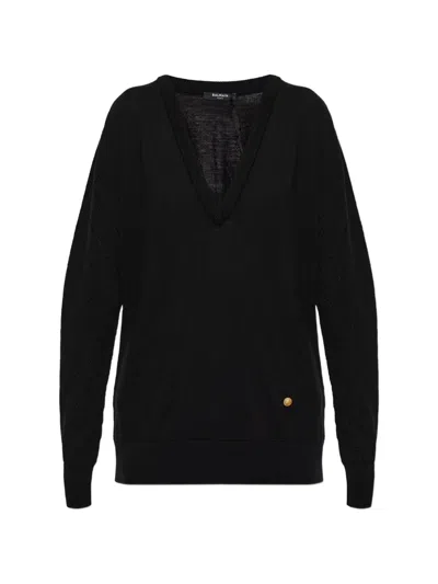 Balmain Diamond-knit V-neck Sweater In Black