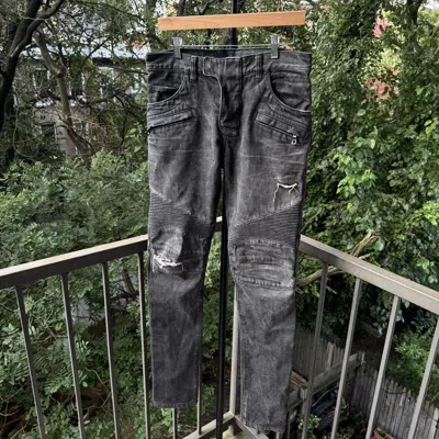Pre-owned Balmain Distressed Biker Moto Jeans Japan Decarnin In Black