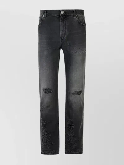 Balmain Distressed Cotton Denim Jeans With Five Pockets In Black