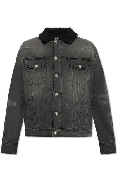 Balmain Bouclé Collar Washed Denim Jacket In Grey