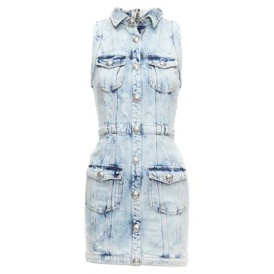 Balmain Distressed Denim Silver Buttons 4 Pocket Fitted Dress In Blue